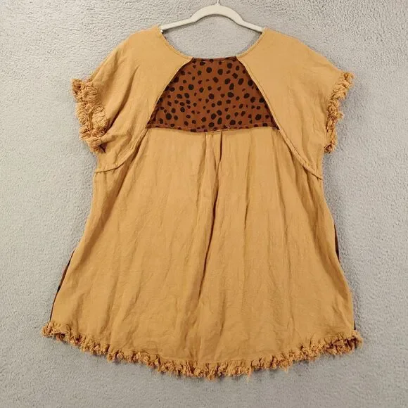 Umgee Blouse Womens Large Brown Linen Blend Raw Hem Cheetah Leopard Animal Print - Picture 7 of 10